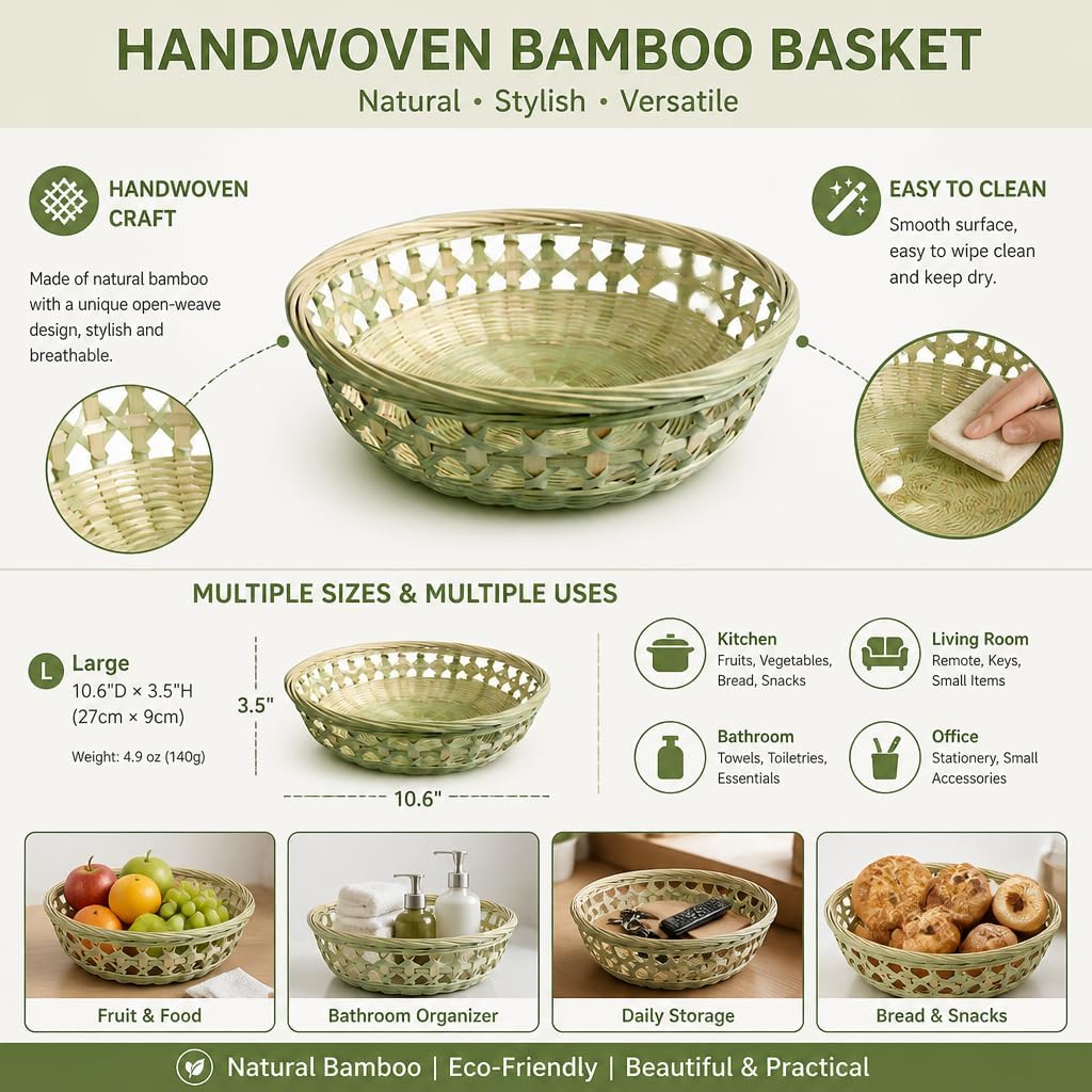 Flat-Bottom Woven Bamboo Fruit Basket