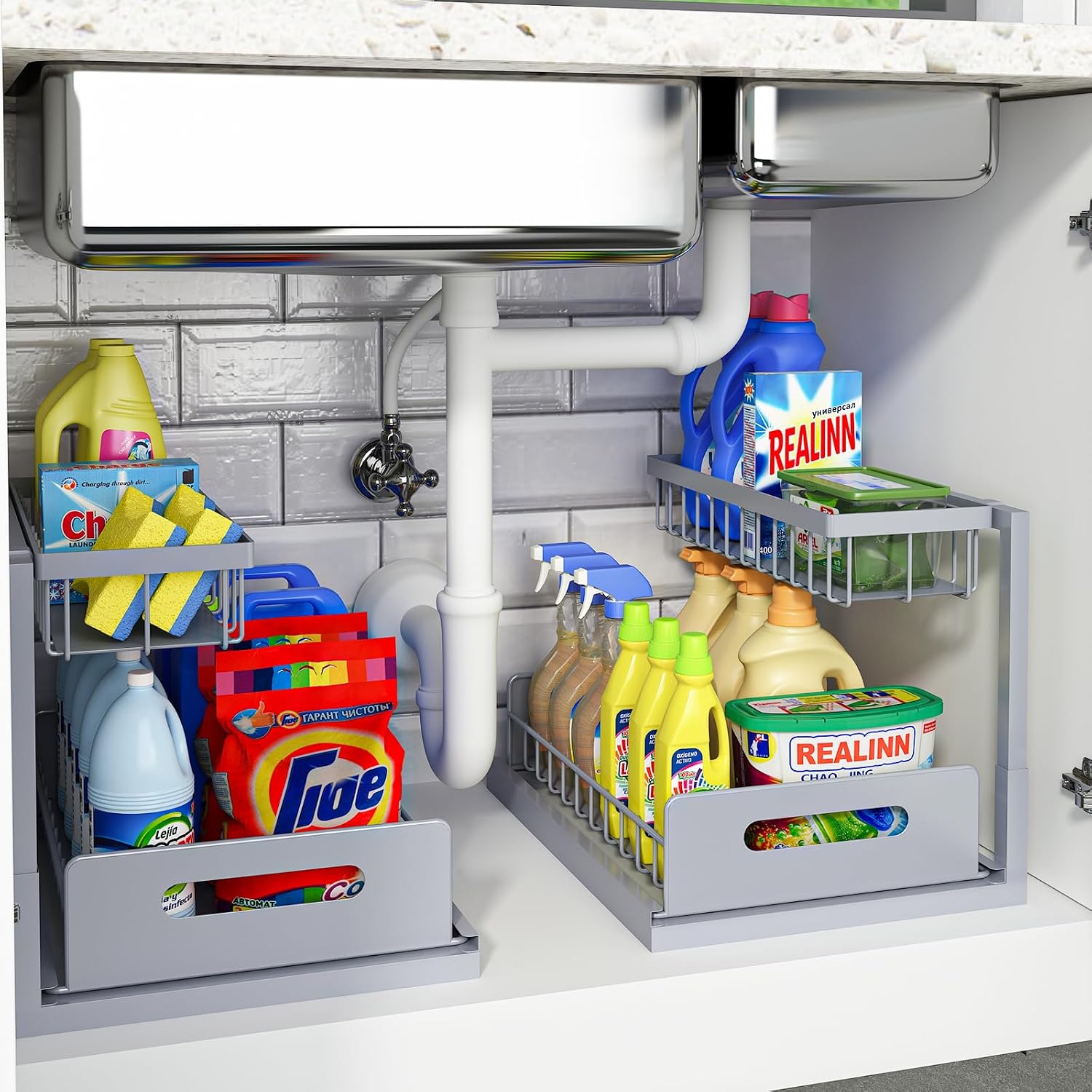 L-Shaped Pull-Out Under-Sink Organiser, 2 Tier