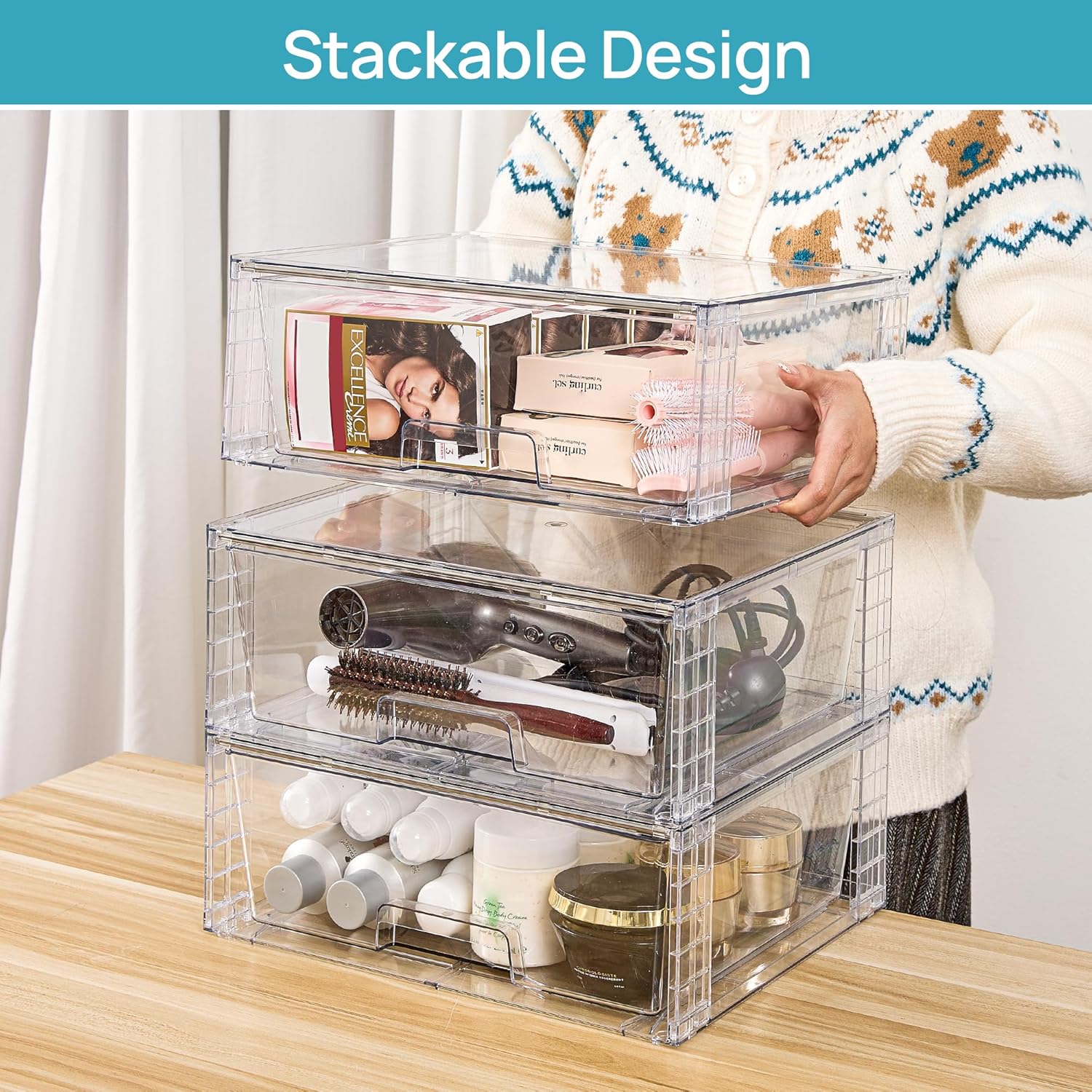 Large Clear Stackable Storage Drawers, 2 Pack