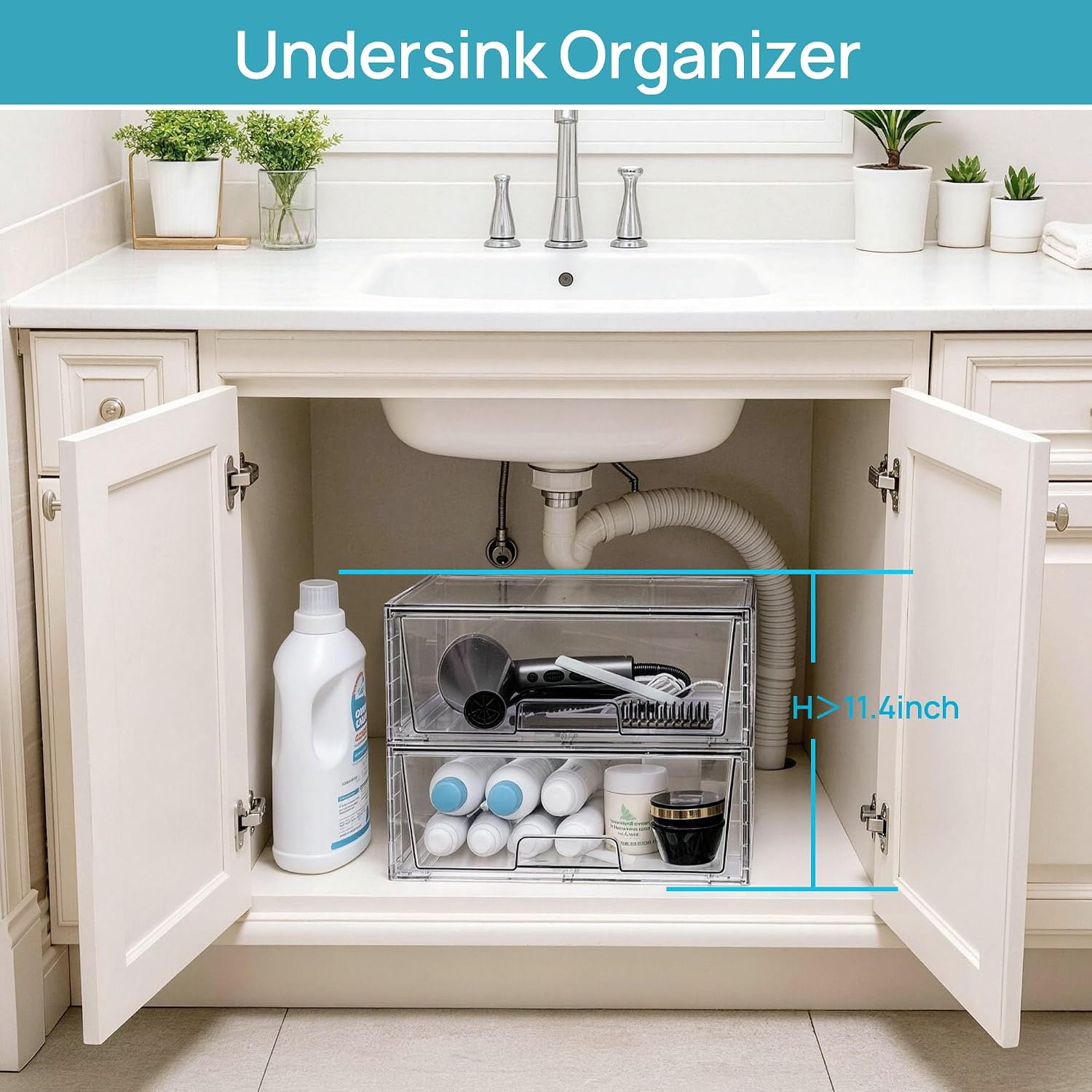 Large Clear Stackable Storage Drawers, 2 Pack