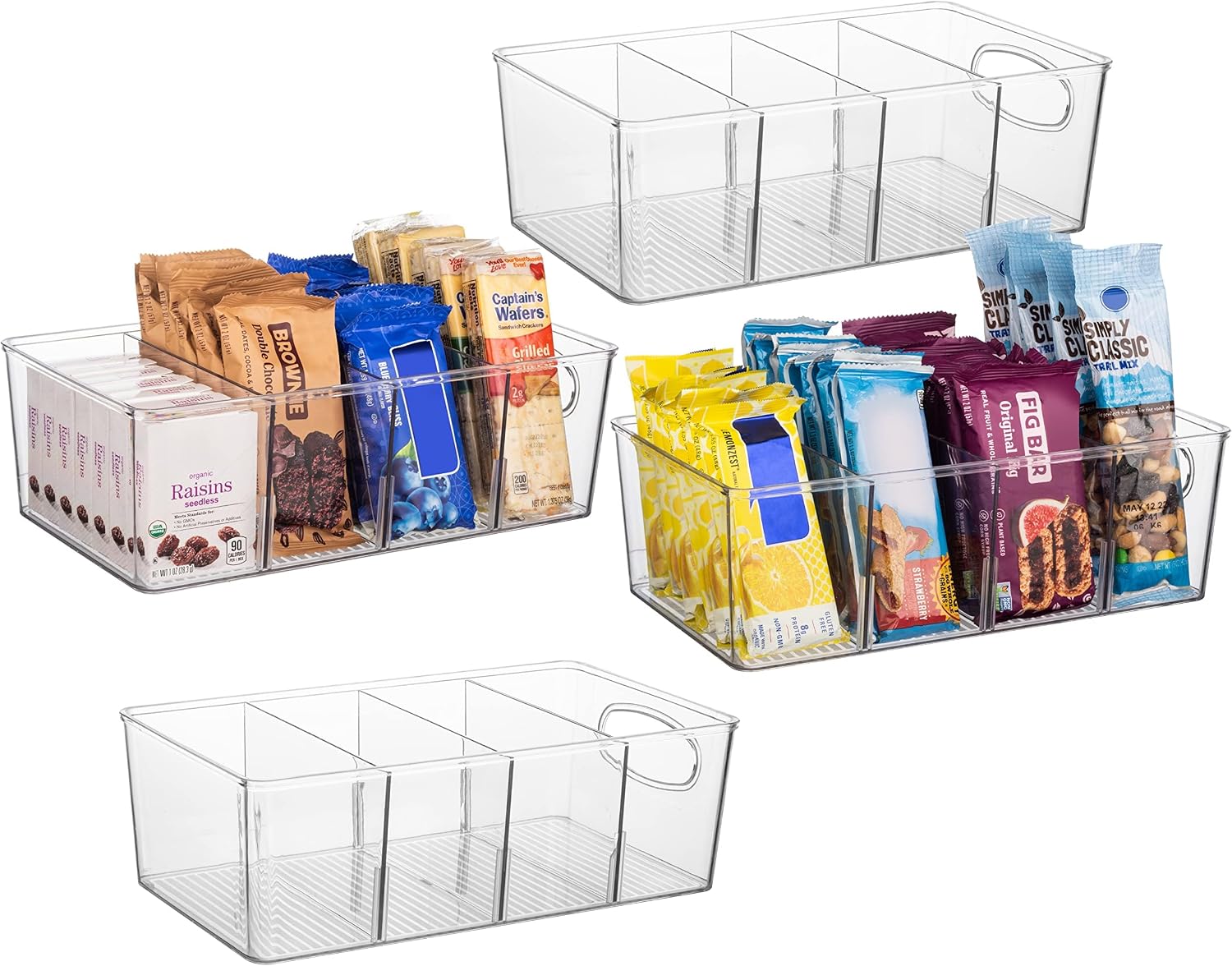 4-Pack Clear Organiser Bins with Dividers