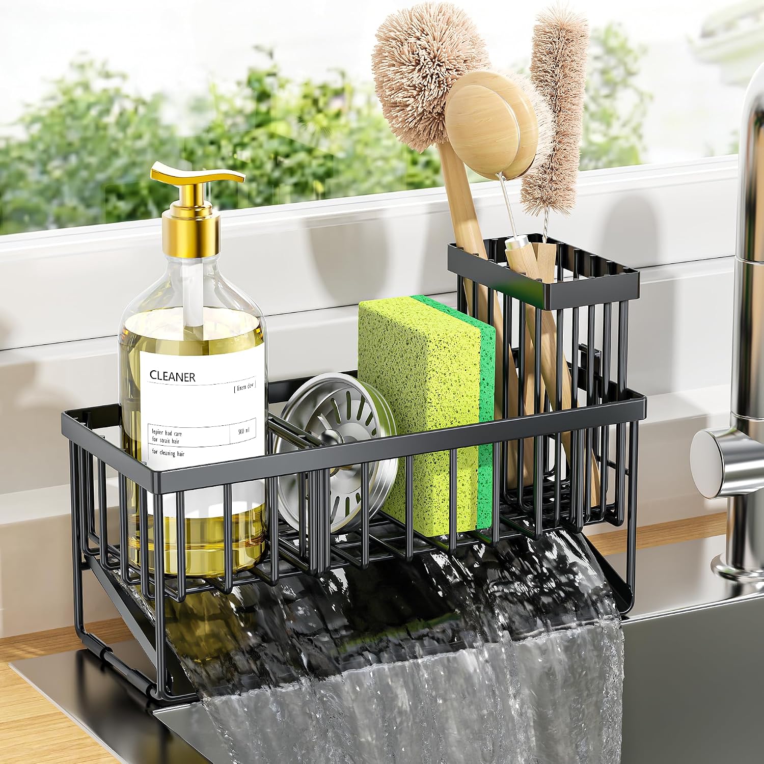 Black Countertop Sink Caddy with Brush Holder