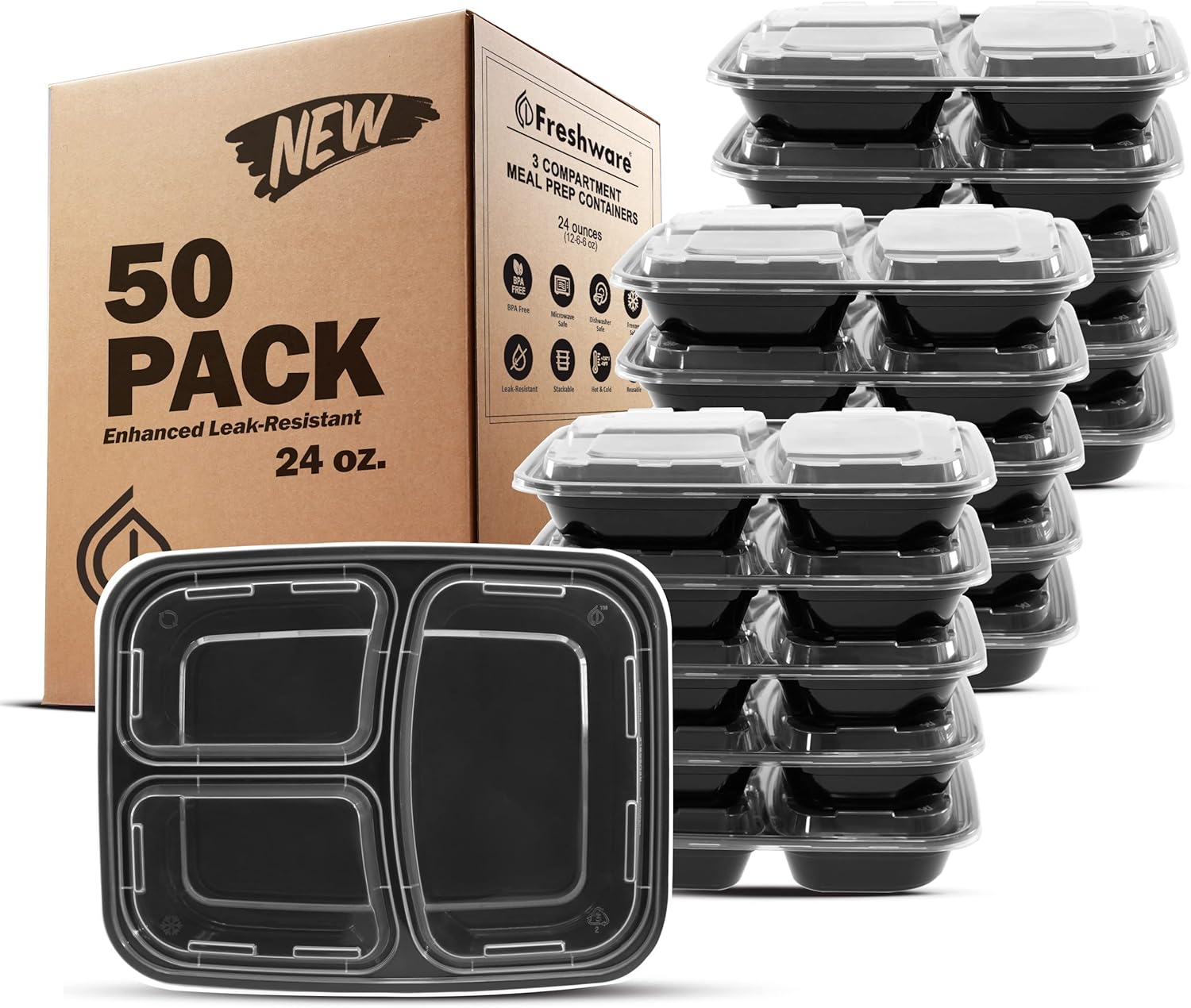 50-Pack Three-Compartment Meal